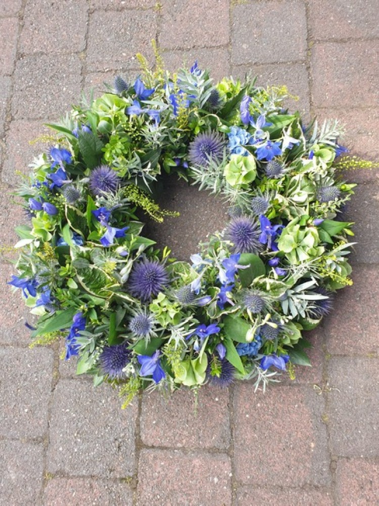 Blue and green thistle wreath